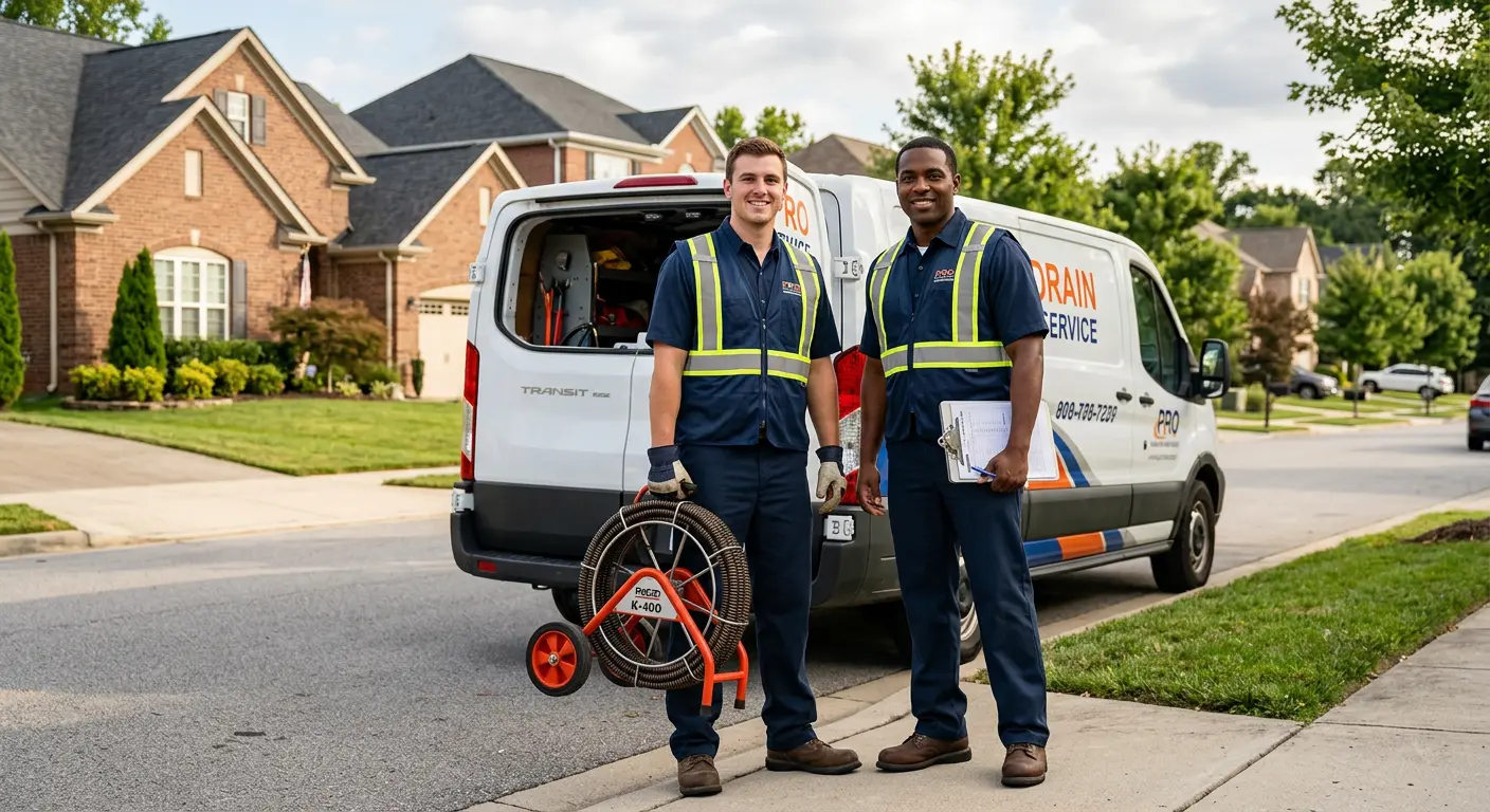 Sewer and drain service team with equipment ready for work in Downers Grove