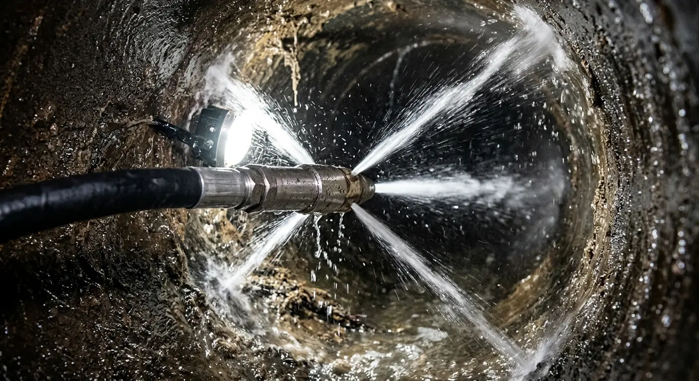 High-pressure hydro jetting nozzle cleaning sewer pipe for Emergency Drain Service in Downers Grove