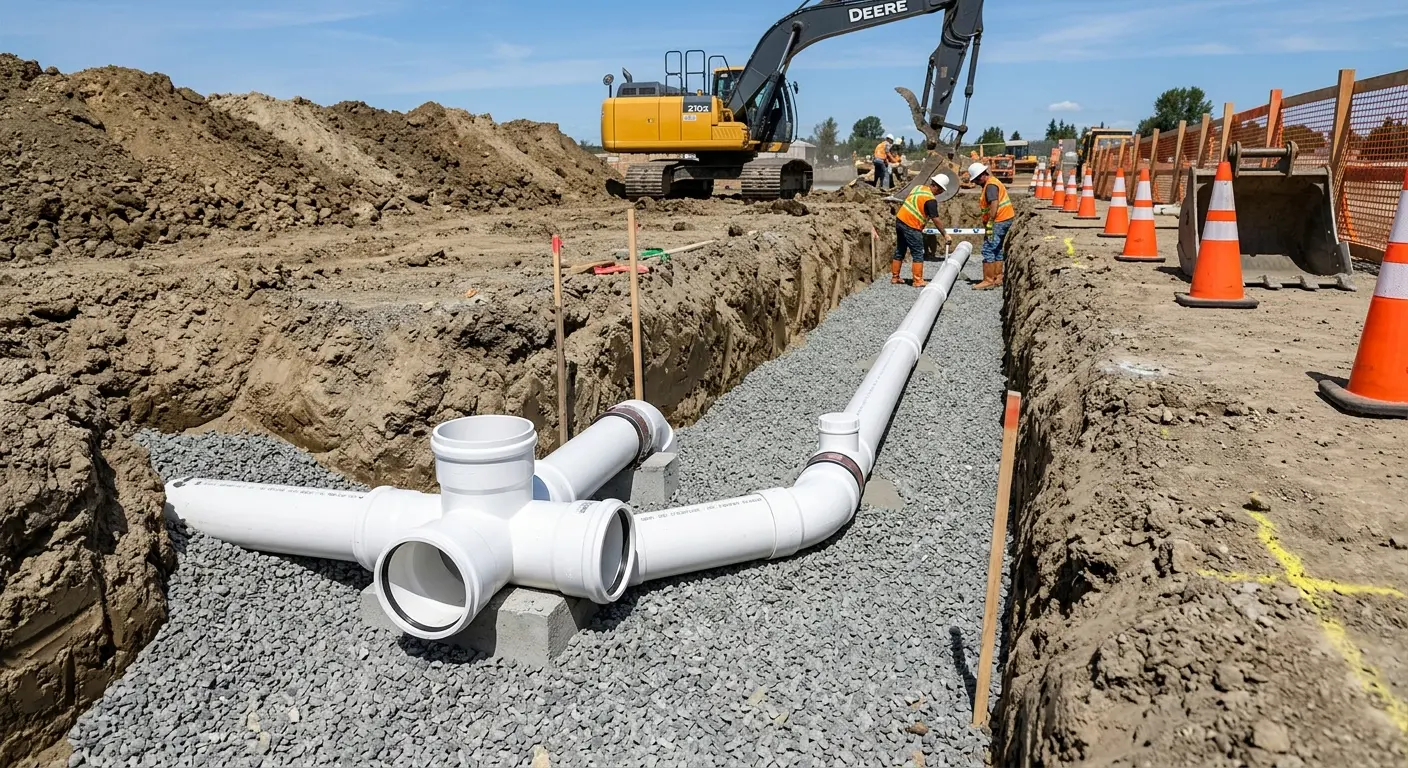 New PVC sewer pipe installation in open trench for Commercial Drain Cleaning in Downers Grove