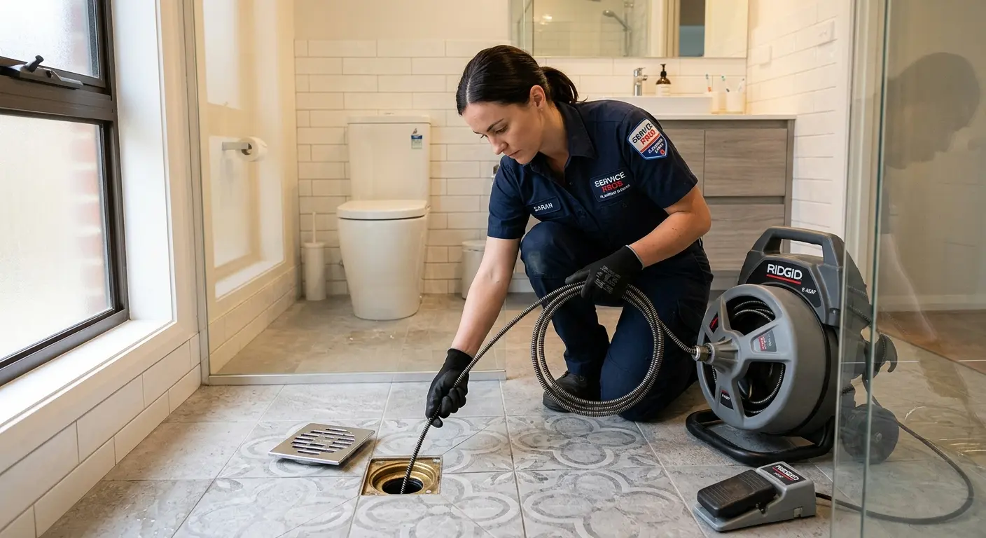 Technician clearing a bathroom floor drain for Sewer Line Replacement in Downers Grove